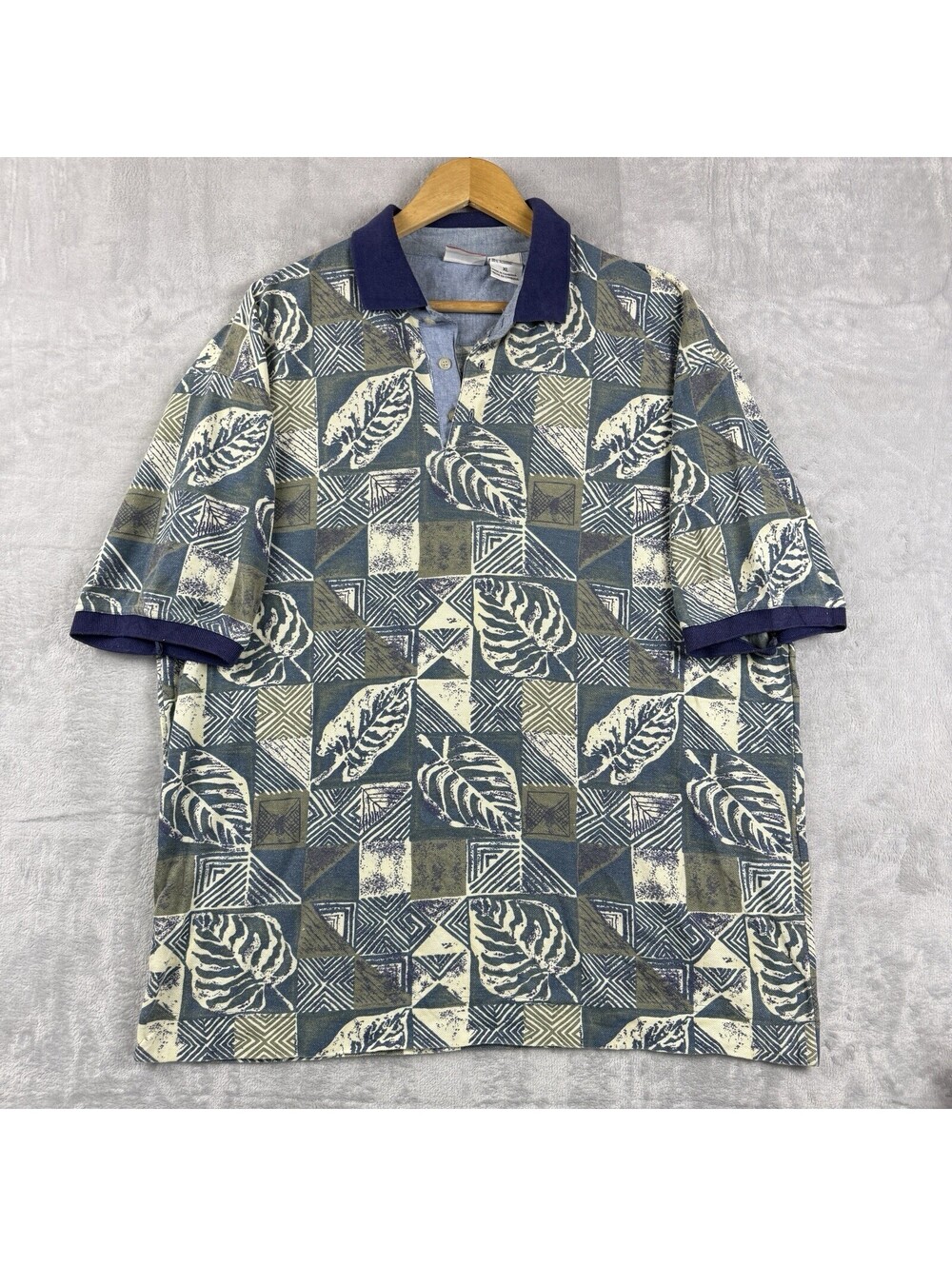 VTG Bugle Boy MenXL Vintage Leaf Geometric Print Polo Shirt 90s Abstract Pattern